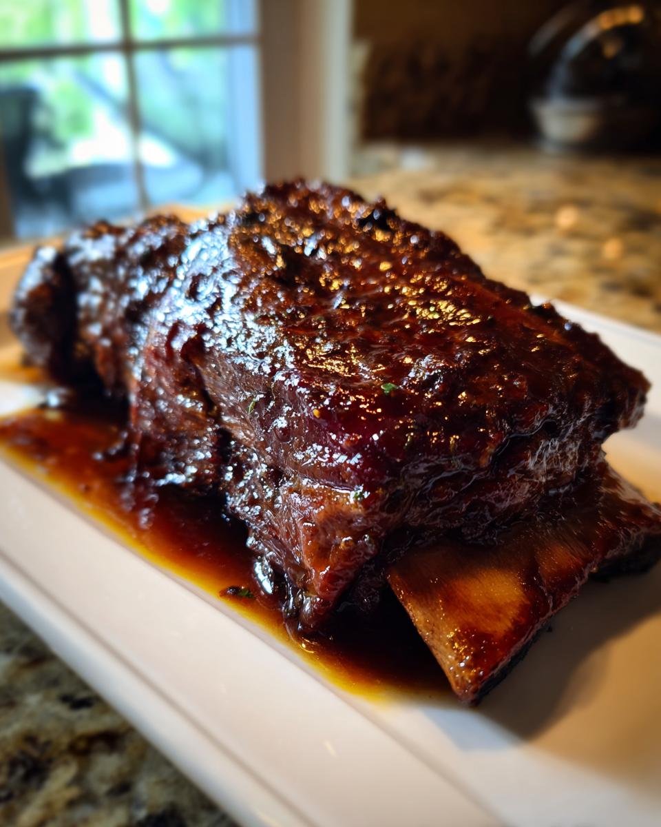 Close-up of tender braised short ribs coated in a rich, dark glaze resting in sauce on a white platter.