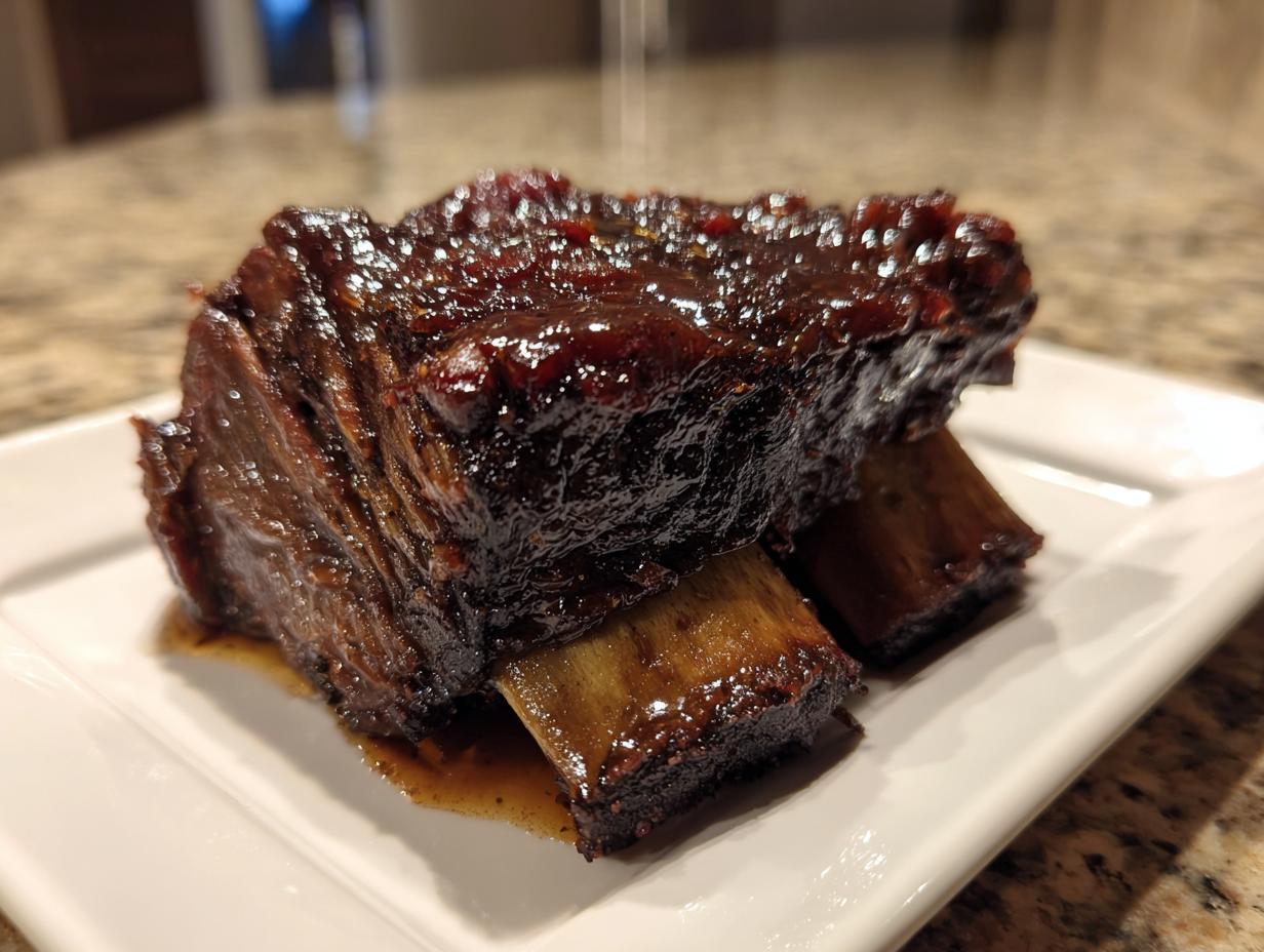 Close-up of a perfectly cooked, tender braised short ribs piece covered in a dark, glossy sauce on a white plate.