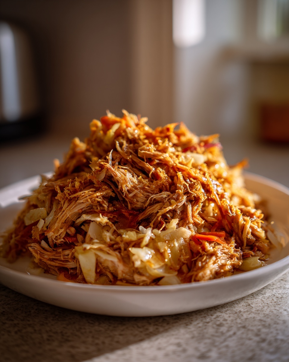 Close-up of tender shredded pork and sauerkraut mixture piled high on a white plate, highlighted by sunlight.
