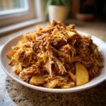 A heaping portion of tender, shredded pork and sauerkraut mixed with apple slices served on a white plate.