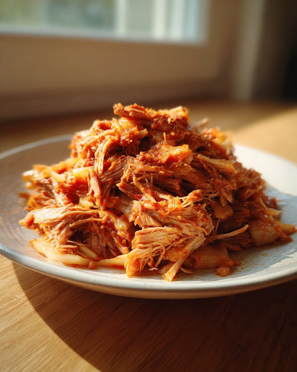 A close-up of tender shredded pork and sauerkraut mixture, richly colored and served on a white plate.