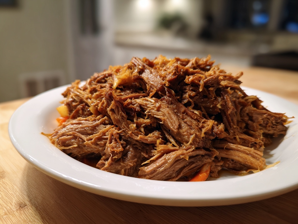 Close-up of tender, shredded pork and sauerkraut piled high on a white plate.