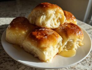 A stack of fluffy, golden-brown Texas Roadhouse rolls generously drizzled with honey butter.