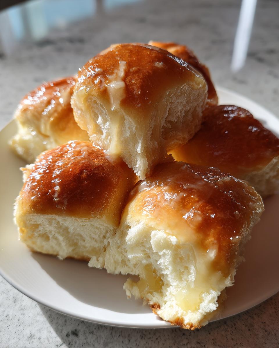 Close-up of soft, pull-apart texas roadhouse rolls drizzled generously with melted honey butter.