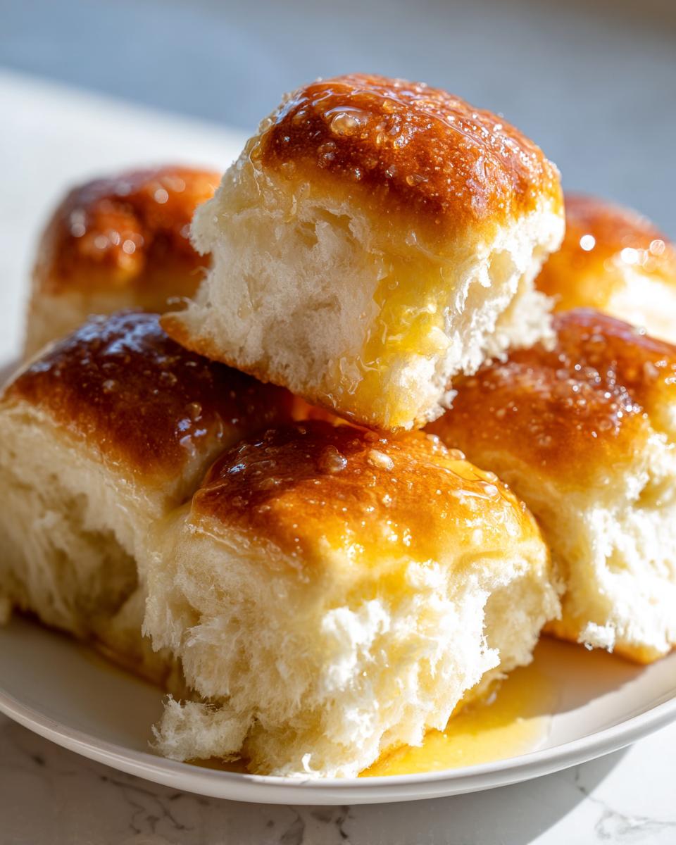 Close-up of fluffy texas roadhouse rolls stacked on a white plate, glistening with melted honey butter.