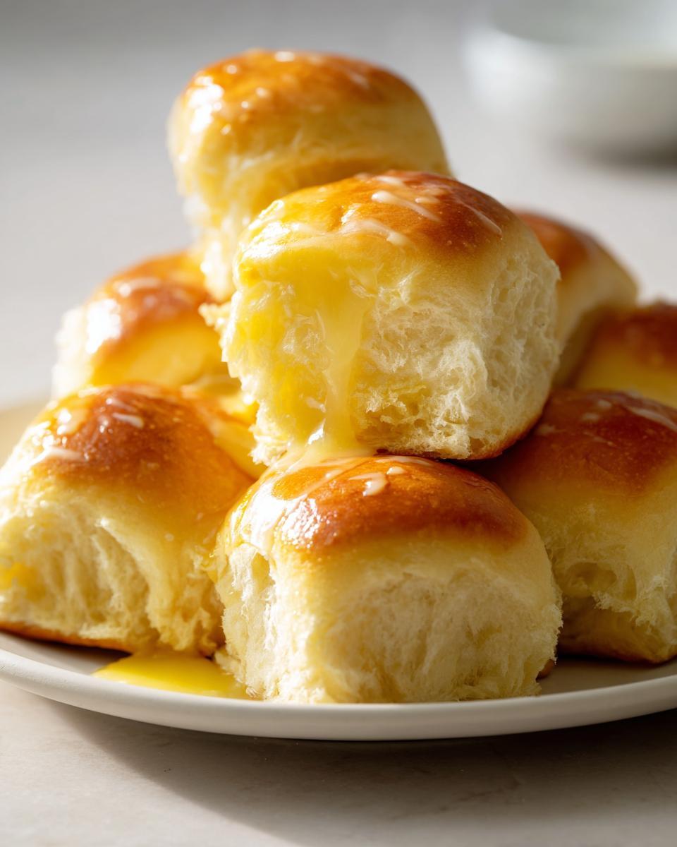 A stack of freshly baked, golden brown texas roadhouse rolls drizzled with melted butter, one roll is torn open.