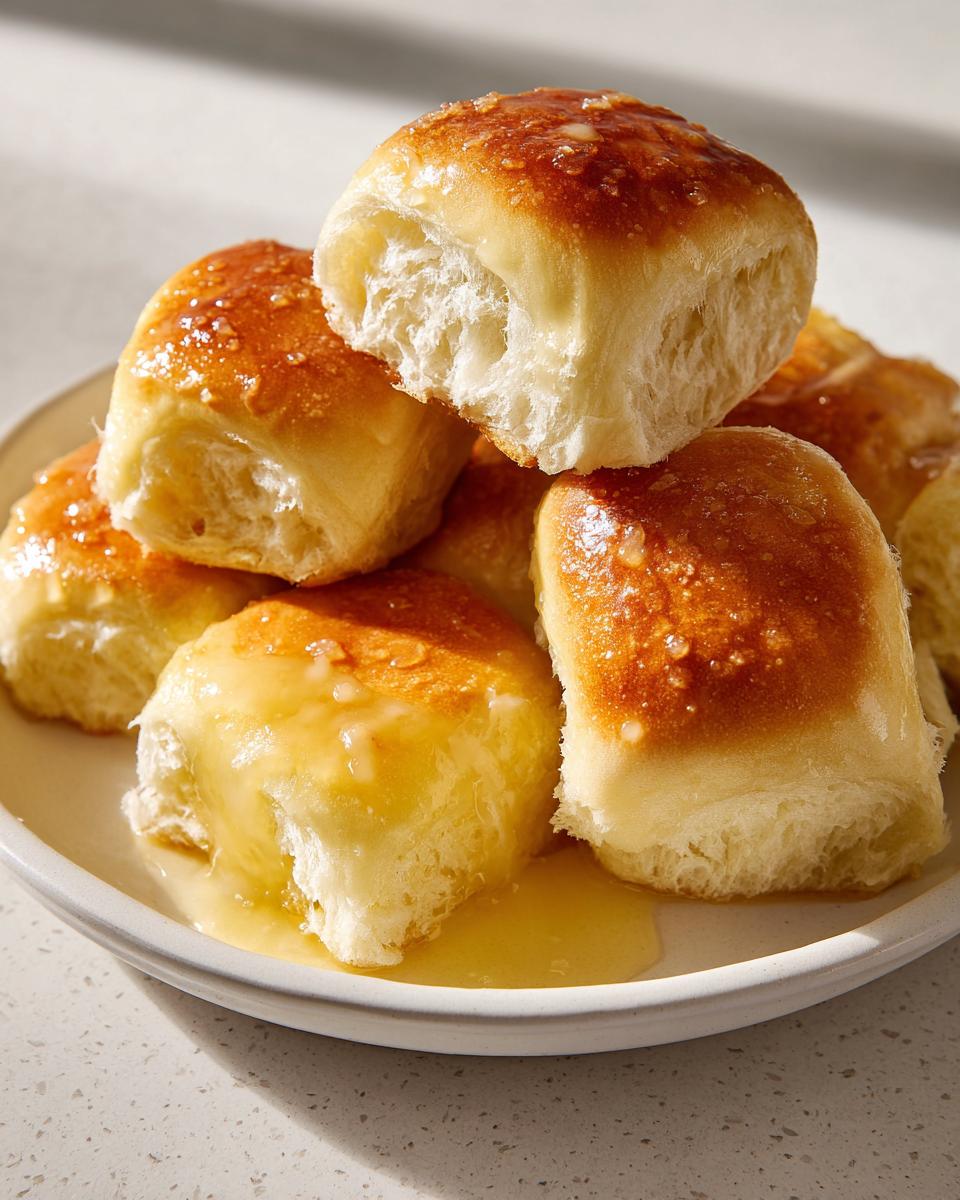 A stack of fluffy, golden-brown homemade texas roadhouse rolls generously drizzled with melted butter.