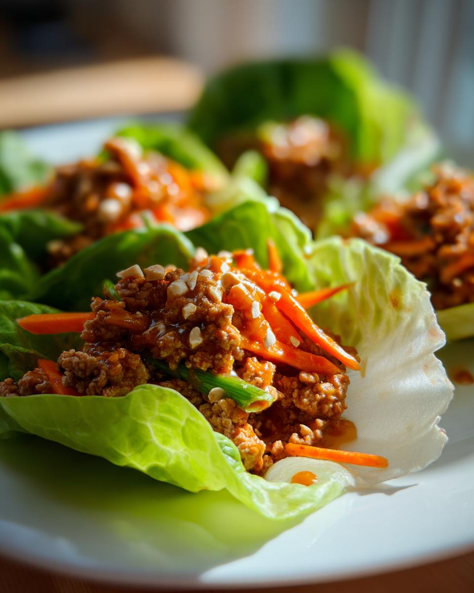 Close-up of delicious thai peanut chicken lettuce wraps filled with savory ground chicken, shredded carrots, and topped with chopped peanuts.