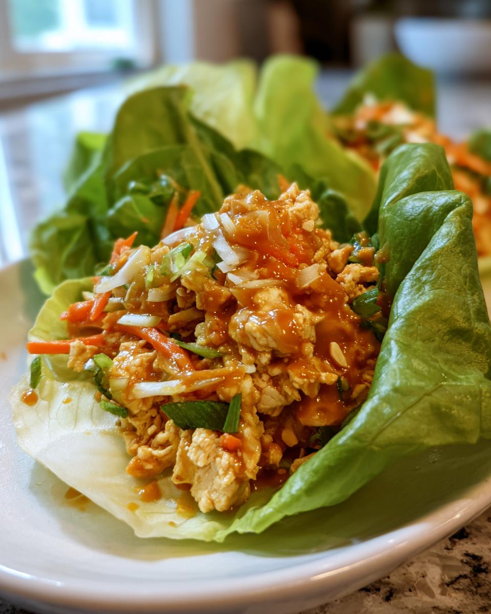 Close-up of a single serving of thai peanut chicken lettuce wraps filled with savory chicken mixture and peanut sauce.