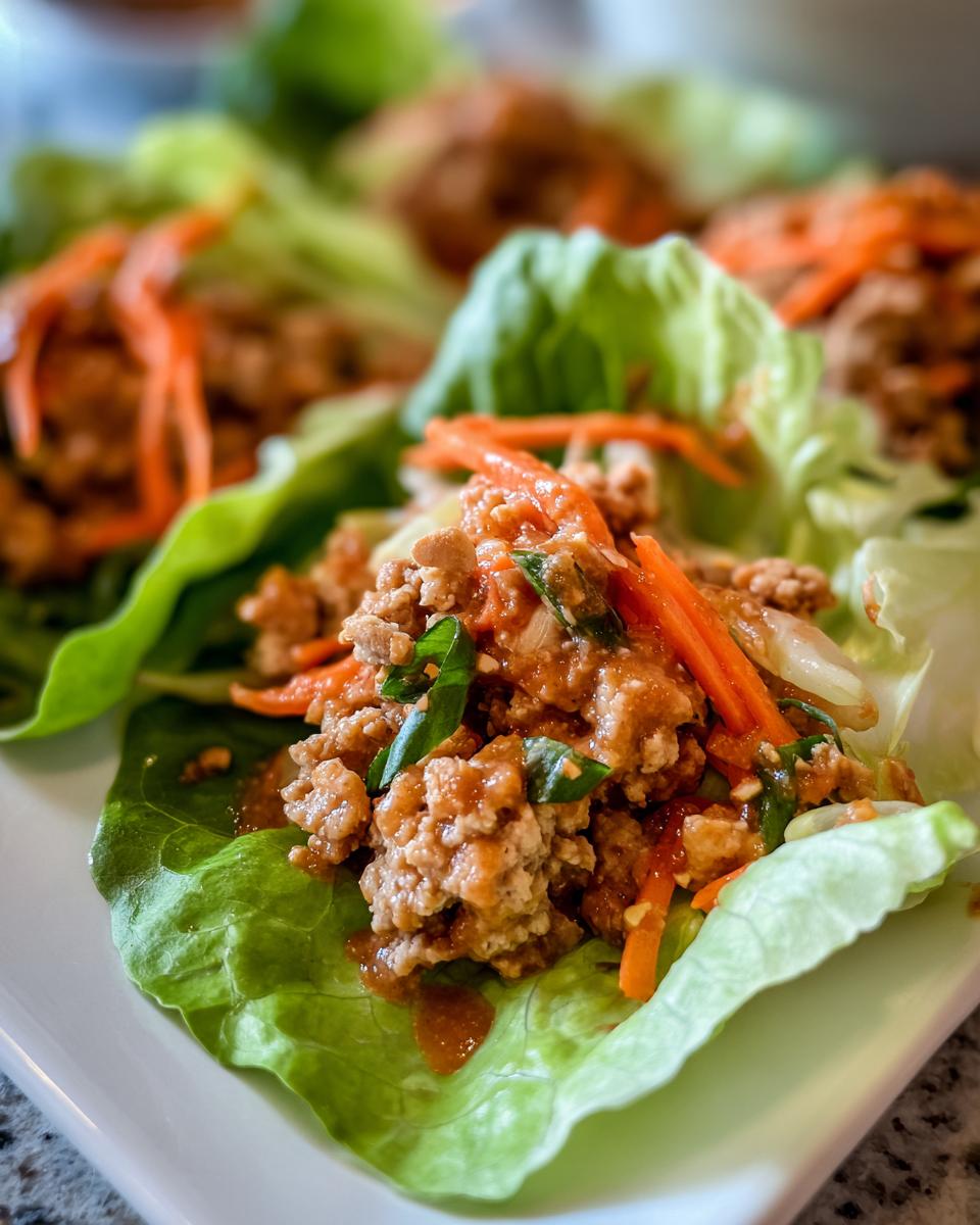 Close-up of a thai peanut chicken lettuce wraps cup filled with ground chicken mixture and shredded carrots.