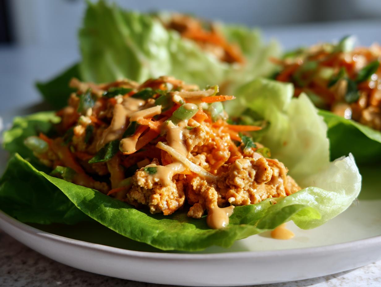 Close-up of thai peanut chicken lettuce wraps filled with savory mixture, shredded carrots, and drizzled with peanut sauce.