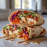 Two halves of a thai peanut chicken wrap stacked, showing sliced chicken, shredded carrots, red cabbage, and peanut sauce.