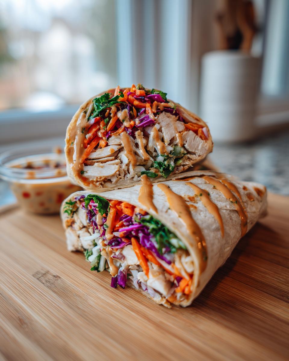 A vibrant thai peanut chicken wrap cut in half, revealing sliced chicken, shredded carrots, and purple cabbage, drizzled with peanut sauce.