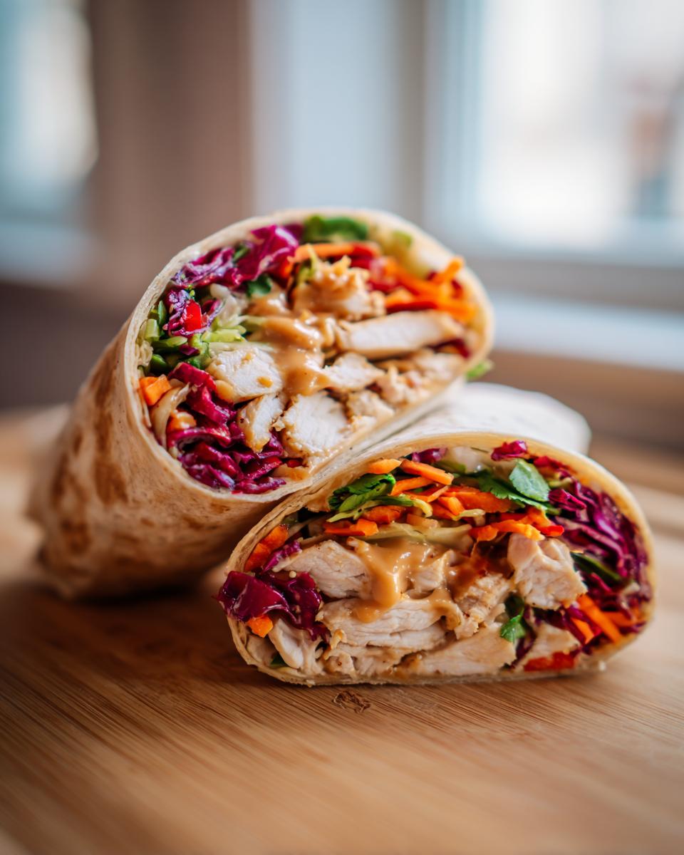 Close-up of a sliced thai peanut chicken wrap showing chicken, shredded carrots, red cabbage, and peanut sauce.