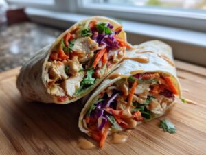 Close-up of a thai peanut chicken wrap cut in half, showing chicken, shredded carrots, purple cabbage, and peanut sauce drizzle.