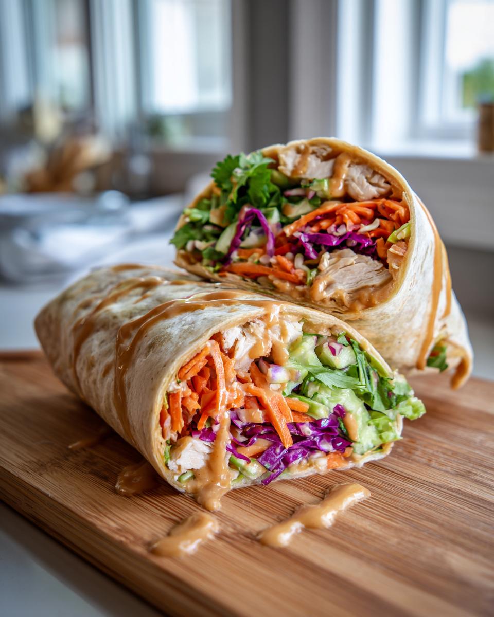 A cross-section view of a delicious thai peanut chicken wrap filled with chicken, carrots, cabbage, and greens, drizzled with peanut sauce.