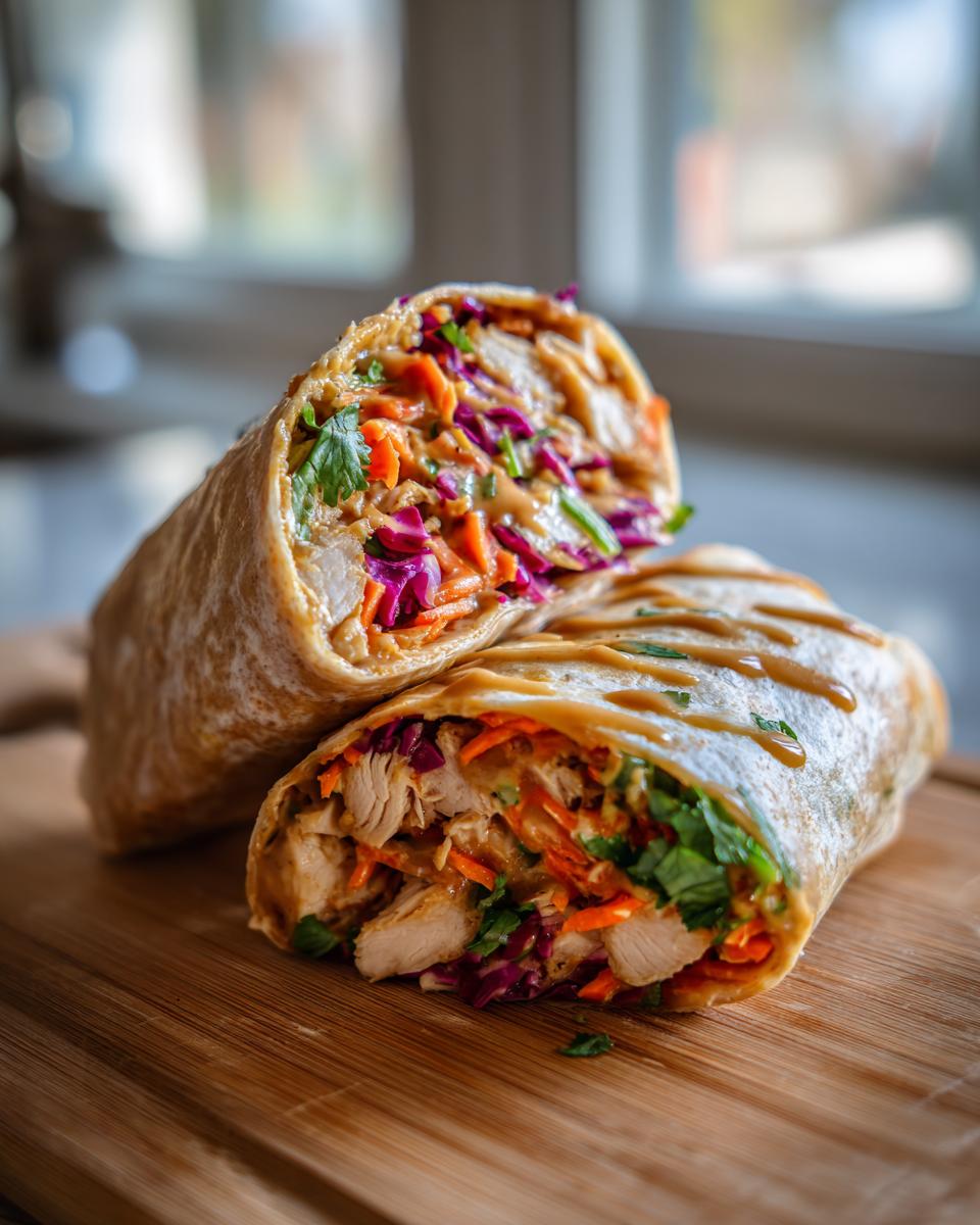 Two halves of a thai peanut chicken wrap, revealing sliced chicken, shredded carrots, and purple cabbage, drizzled with peanut sauce.