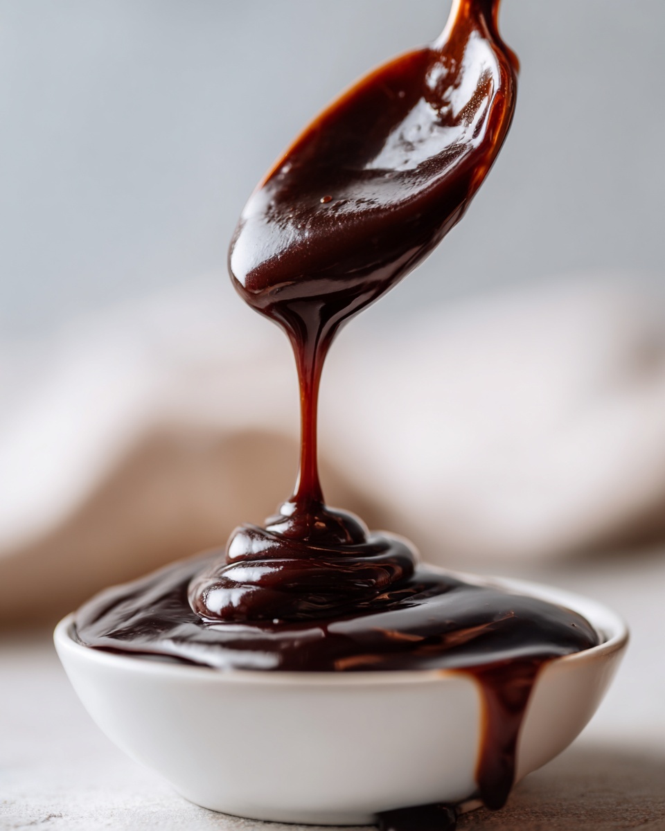 Thick, glossy homemade chocolate syrup dripping from a spoon into a small white bowl.