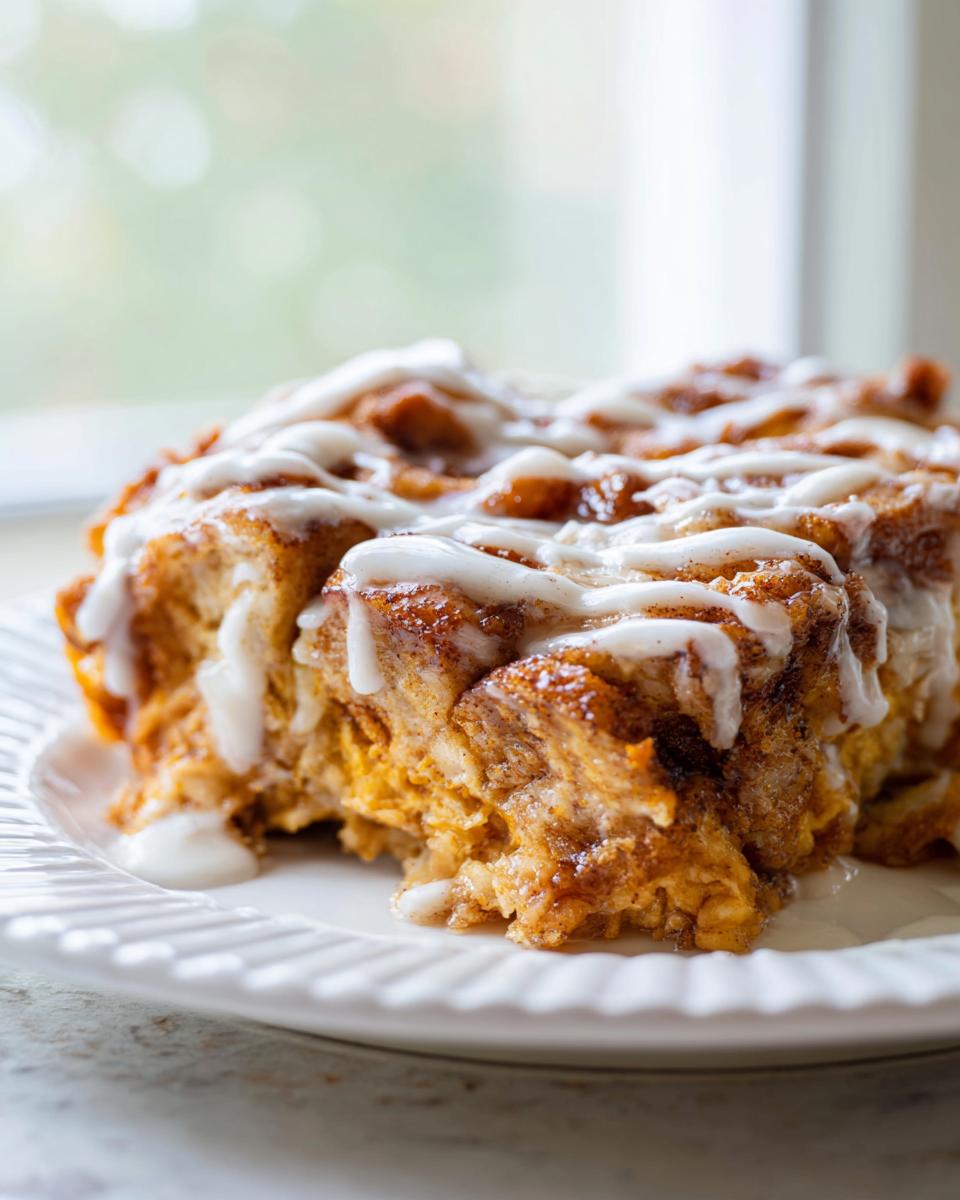 A close-up shot of a serving of warm tiktok cinnamon roll casserole topped generously with white icing.