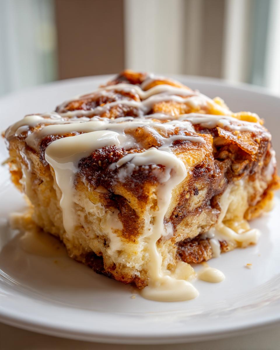 A generous slice of warm tiktok cinnamon roll casserole dripping with sweet white icing on a white plate.