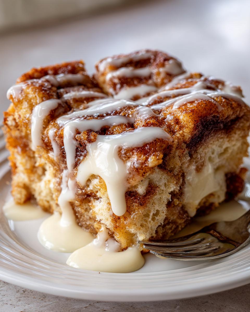 Close-up of a soft, gooey slice of tiktok cinnamon roll casserole drizzled heavily with white icing.