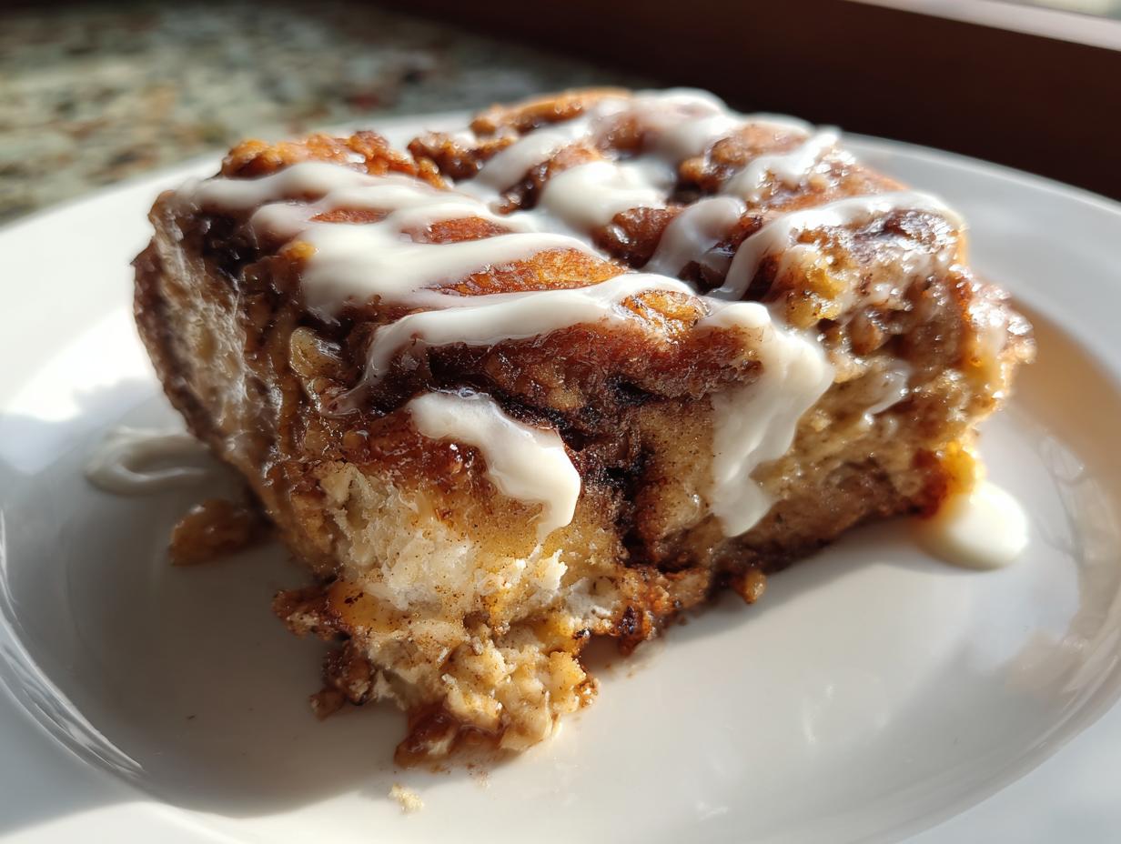 A close-up of a square slice of warm tiktok cinnamon roll casserole drizzled generously with white icing on a white plate.