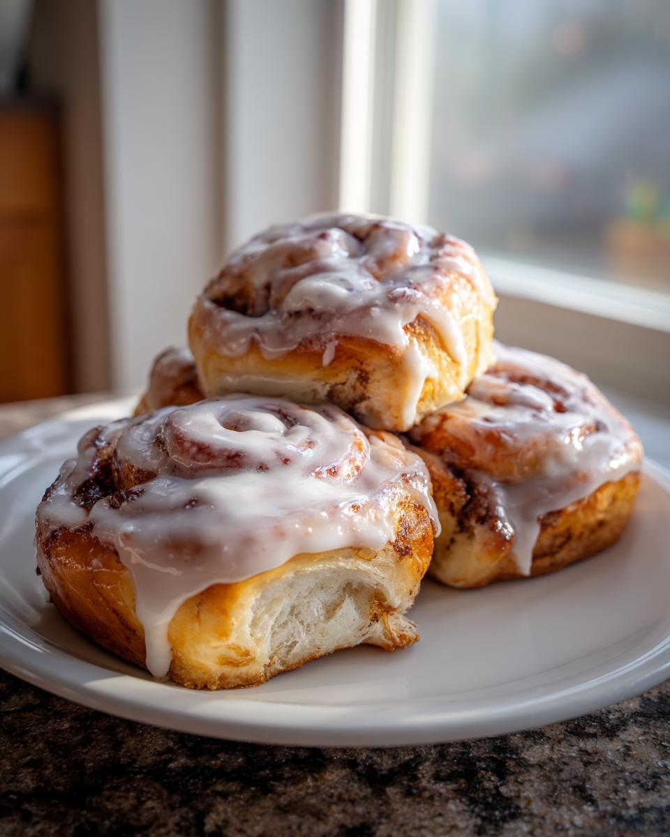 A stack of three gooey, glazed tiktok cinnamon rolls with half and half, with one roll showing a soft interior.
