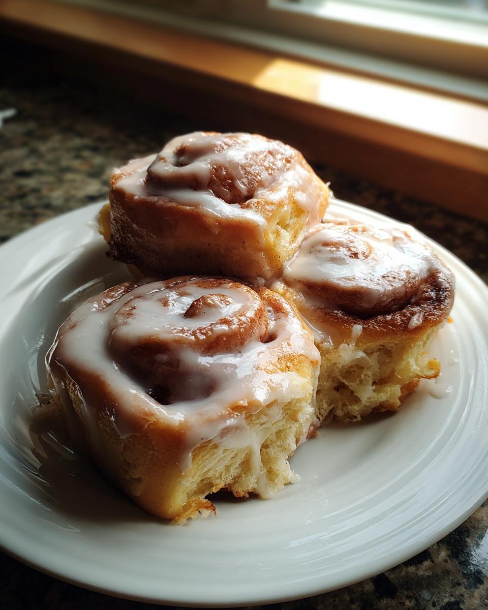 Three fluffy, freshly baked tiktok cinnamon rolls with half and half, topped with thick white icing, served on a white plate.