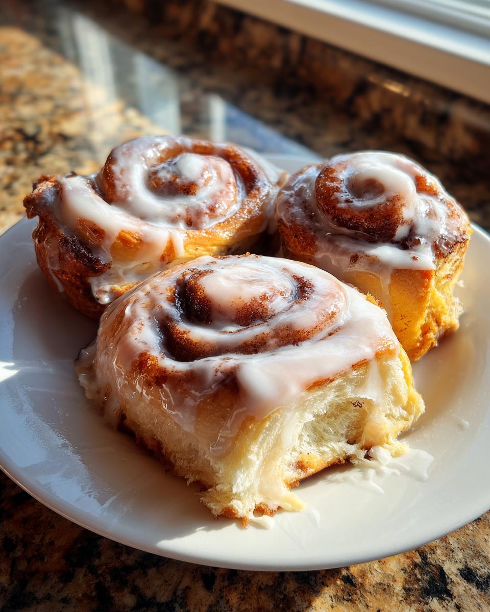Three fluffy tiktok cinnamon rolls with half and half, generously topped with white icing, sitting on a white plate.