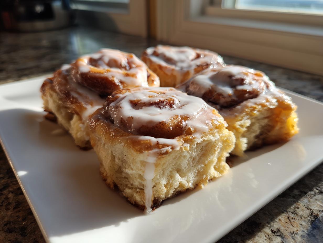 Four fluffy, freshly baked tiktok cinnamon rolls with half and half, topped with thick white icing, sitting on a white platter.