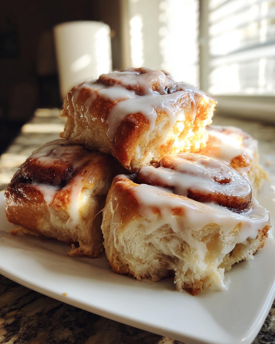 A stack of fluffy tiktok cinnamon rolls with half and half icing drizzled on top, backlit by sunlight.