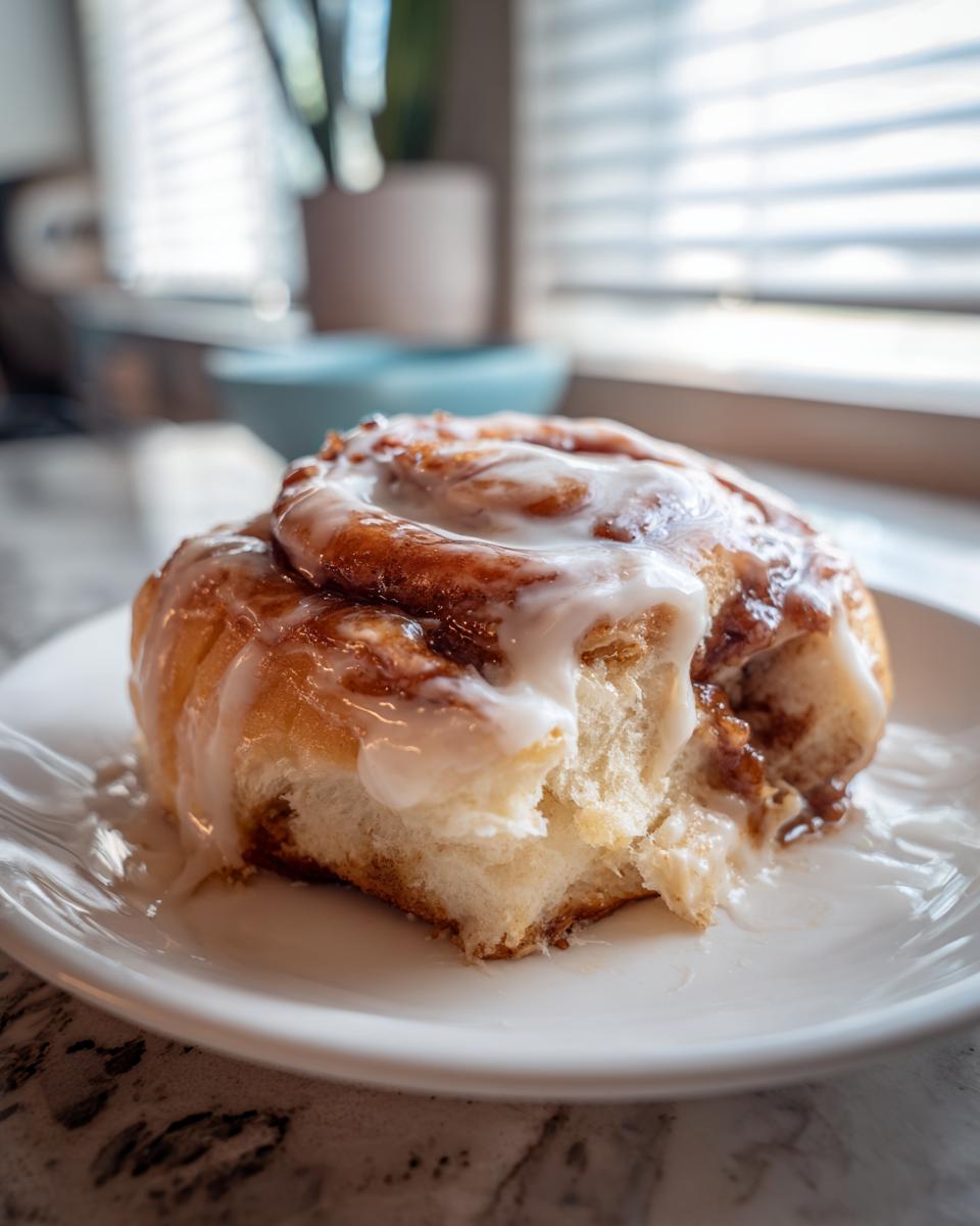 Close-up of a fluffy, glazed tiktok cinnamon rolls sitting on a white plate, showing the soft interior.