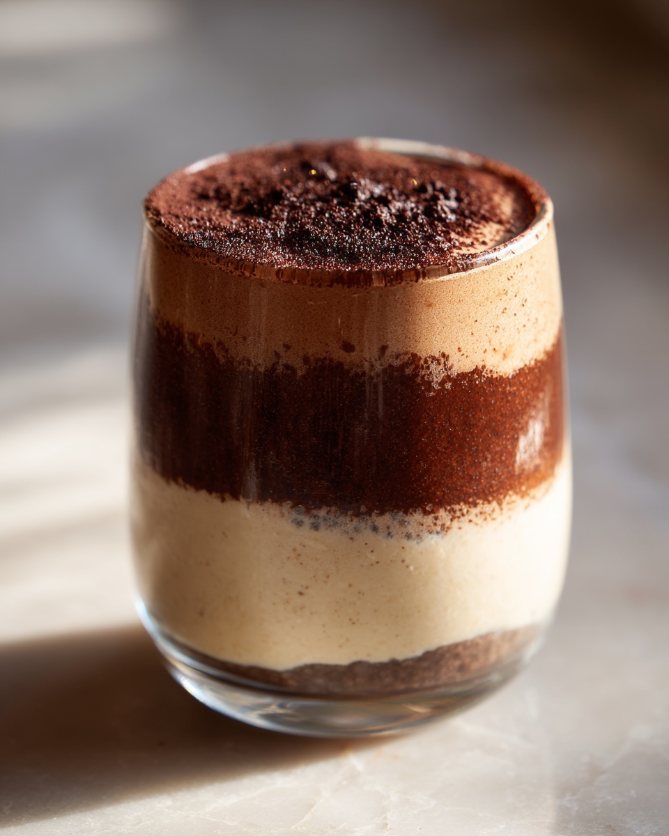 Close-up of layered tiramisu chia pudding in a glass, topped with cocoa powder.