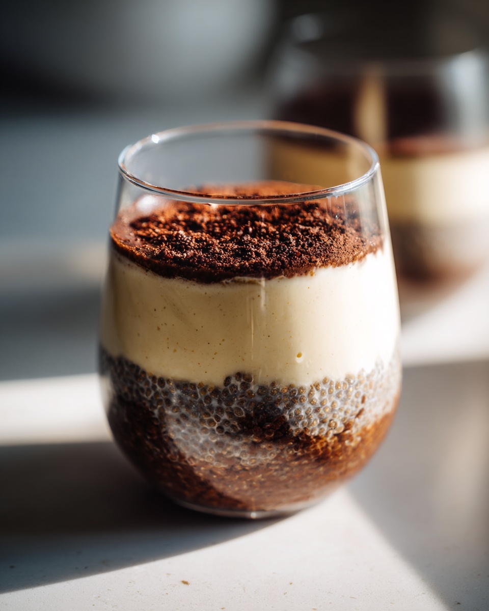 Close-up of layered tiramisu chia pudding featuring chia seeds, cream, and cocoa powder topping.