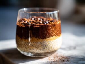 Close-up of layered tiramisu chia pudding in a glass, featuring a creamy bottom layer and a rich cocoa topping.
