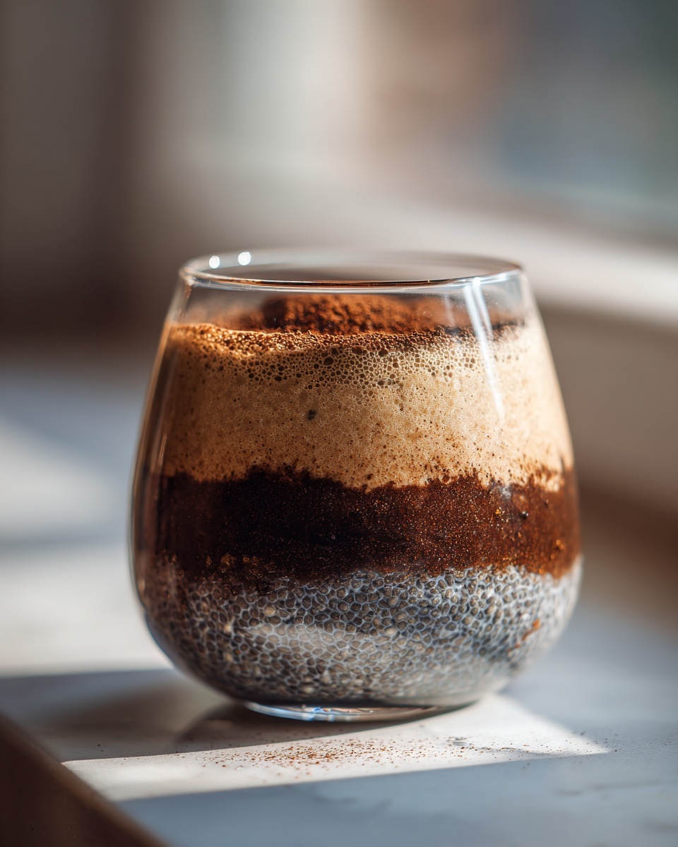Close-up of layered tiramisu chia pudding showing chia seeds, dark cocoa, and light cream layers, dusted with cocoa powder.
