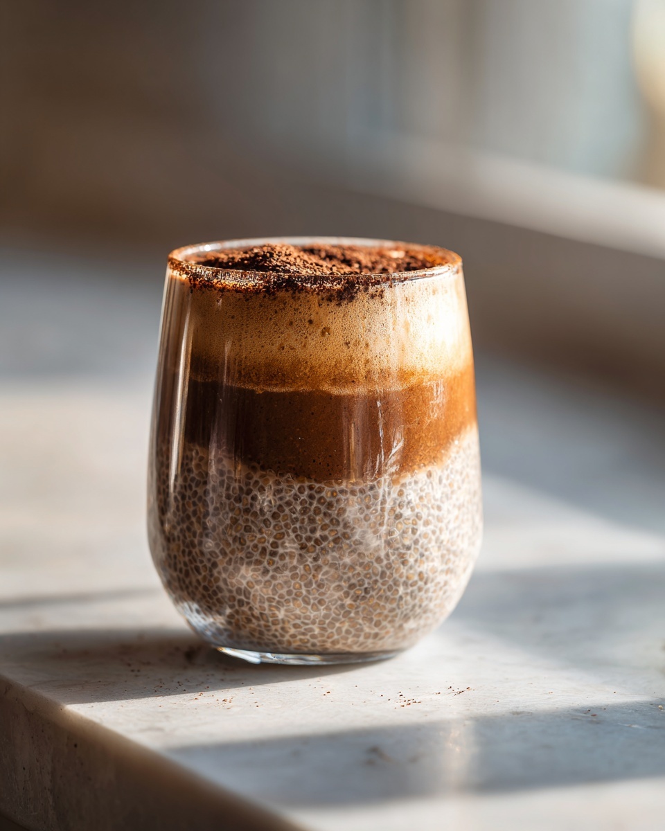 A glass of layered tiramisu chia pudding topped with cocoa powder, showing distinct layers.