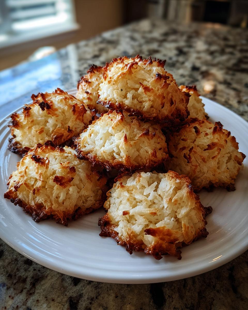 A pile of golden brown, toasted coconut macaroons stacked on a white plate.