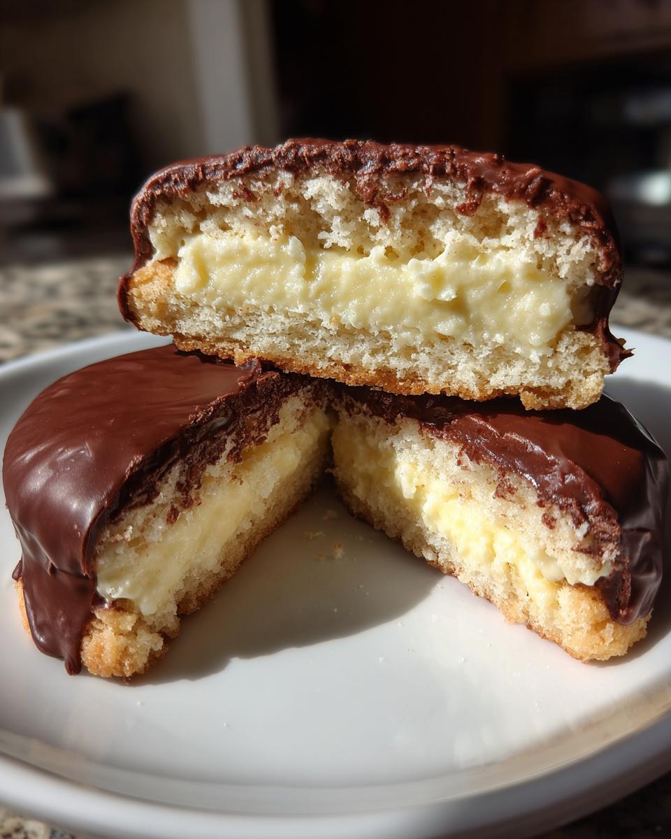 Cross-section view showing the creamy filling inside the chocolate-dipped vanilla wafer boston cream pie cookies.