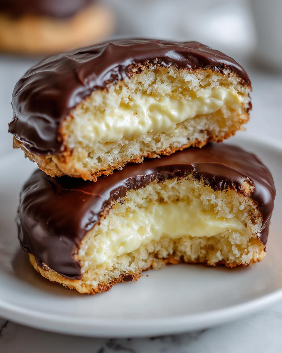 Two halves of a vanilla wafer boston cream pie cookie stacked, showing creamy filling and chocolate coating.