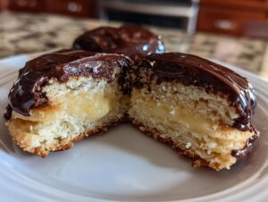 A vanilla wafer boston cream pie cookie cut in half showing creamy filling and chocolate glaze.