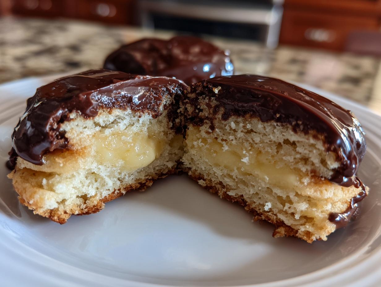 A vanilla wafer boston cream pie cookie cut in half showing creamy filling and chocolate glaze.
