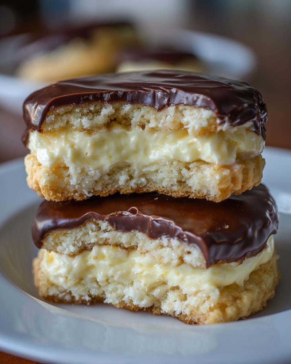 Two stacked vanilla wafer boston cream pie cookies, showing the vanilla filling and chocolate glaze.