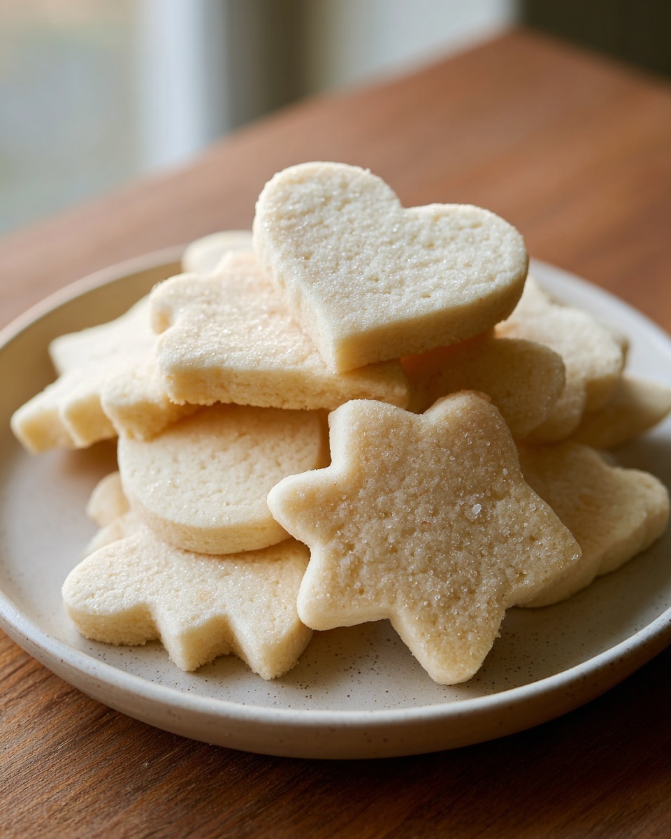 A stack of freshly baked, thick vegan sugar cookies cut into heart and star shapes, lightly sprinkled with sugar.