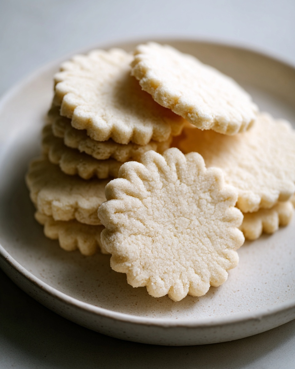 Close-up of a stack of perfectly shaped, unfrosted vegan sugar cookies with scalloped edges.