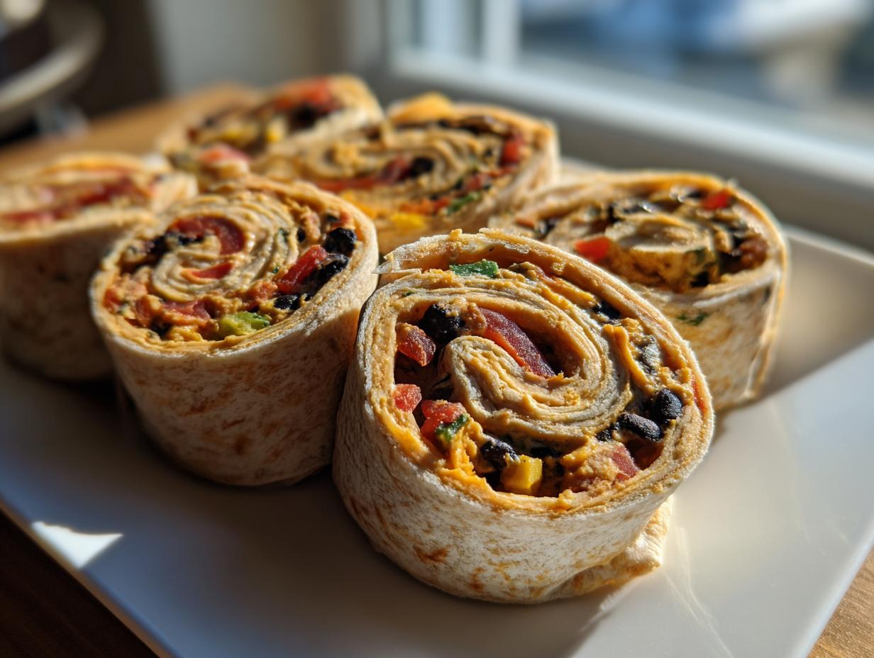 Several slices of vegan taco pinwheels filled with black beans, corn, and red peppers, arranged on a white plate.