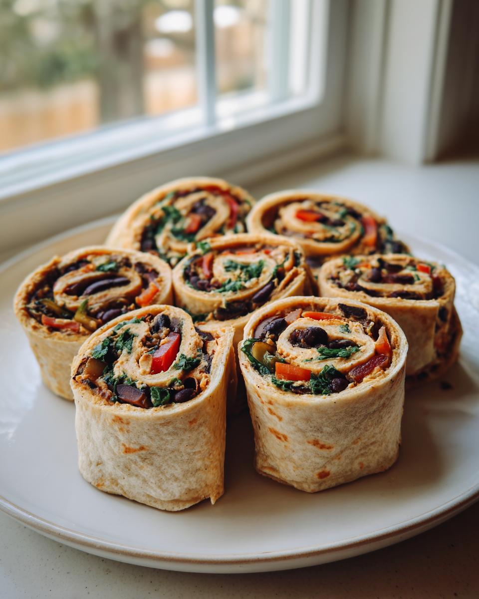 A plate holding several slices of vegan taco pinwheels filled with black beans, red pepper, and greens.