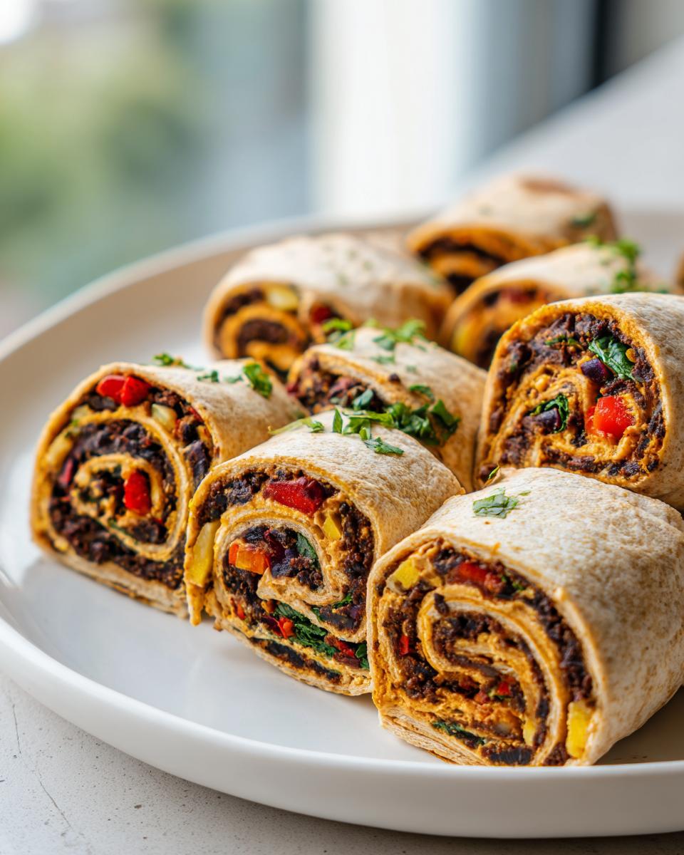 A plate of freshly sliced vegan taco pinwheels showing the dark bean filling, colorful peppers, and green herbs.