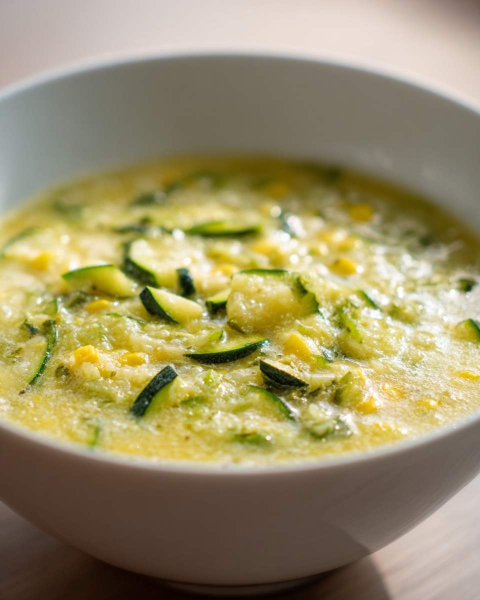 Close-up of a creamy, yellow zucchini corn chowder topped with bright green, thinly sliced zucchini pieces.