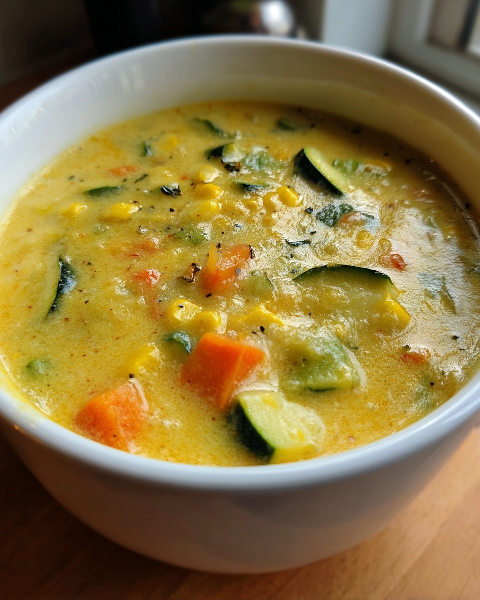 Close-up of a creamy, yellow zucchini corn chowder filled with visible chunks of zucchini, corn, and carrots.